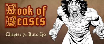 The hulking figure of the Buto Ijo leers menacingly with big round red eyes, protruding tusks, and unkempt black hair.