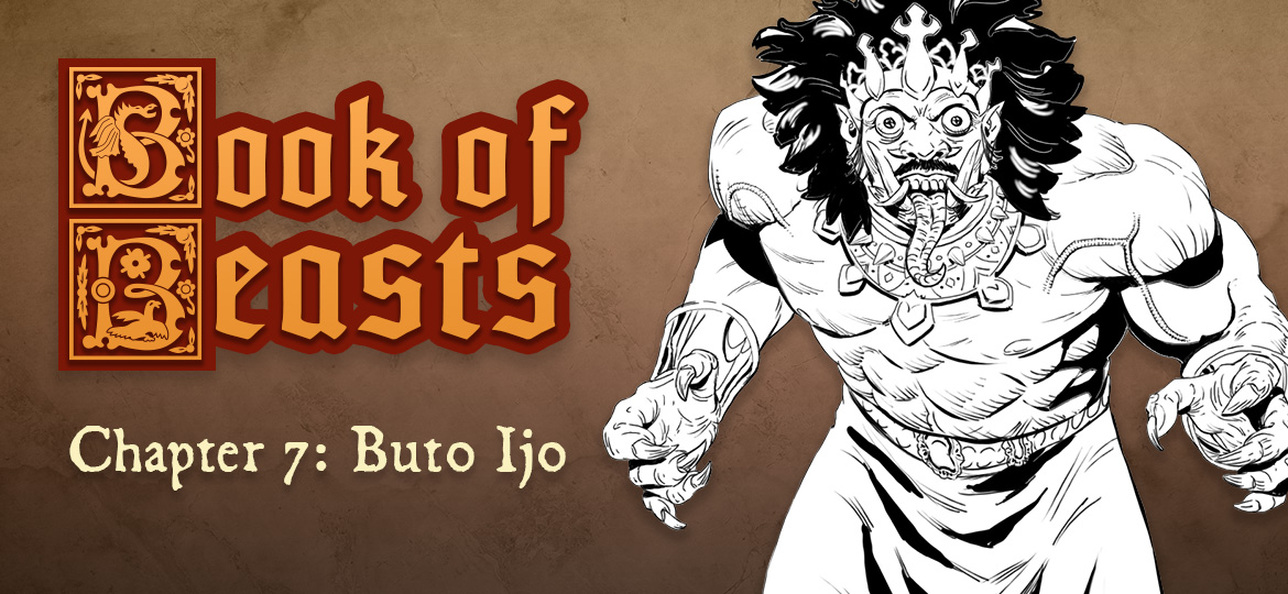 The hulking figure of the Buto Ijo leers menacingly with big round red eyes, protruding tusks, and unkempt black hair.
